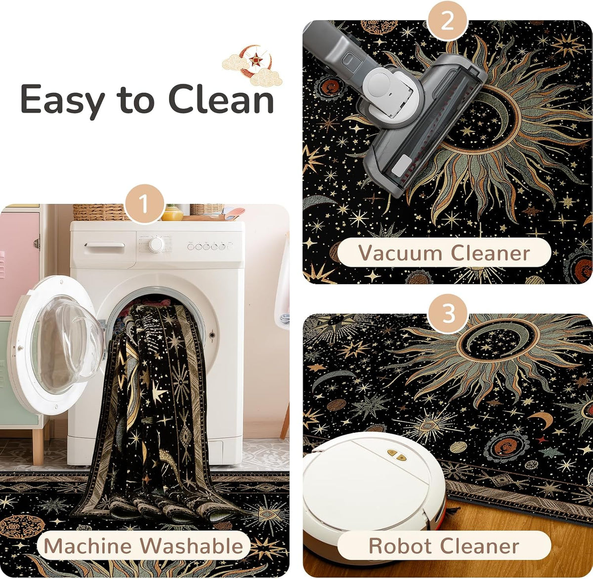 Vacuum-Friendly, 5x7 Washable Area Rug, Black Green Beige