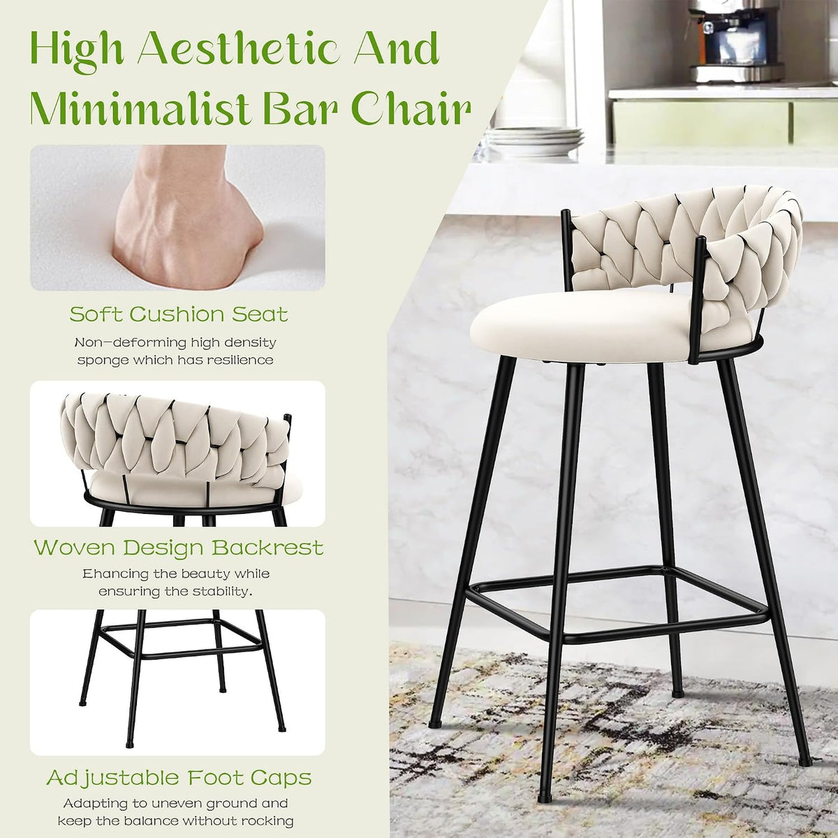 haobo home 26" metal bar stools counter height, close-up detail