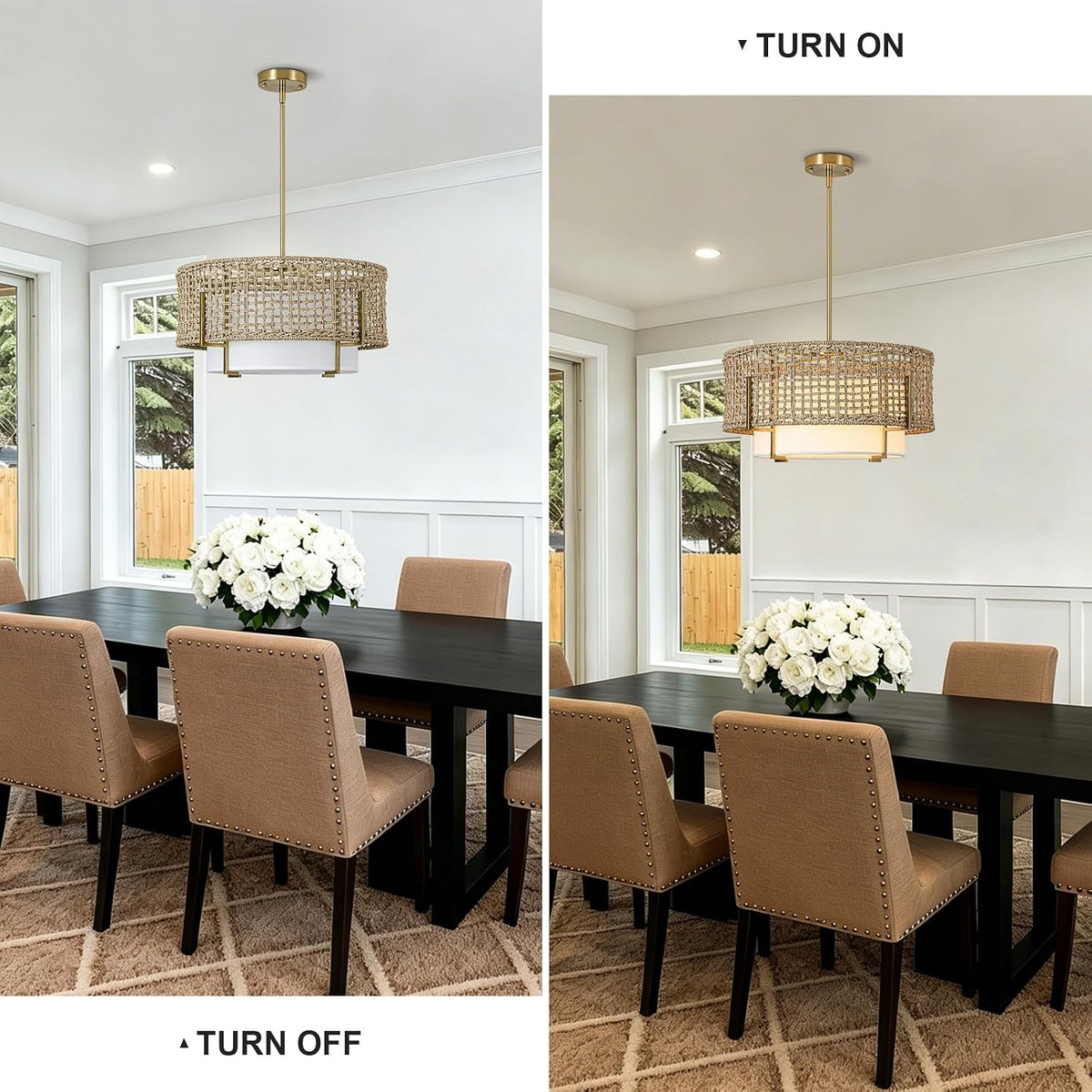 19.7" rattan chandelier, 4-light boho dining room light on a desk or shelf