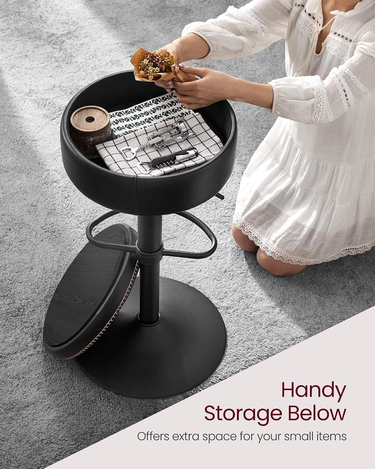 vasagle 360° swivel bar stool, height adjustable, with shown in use