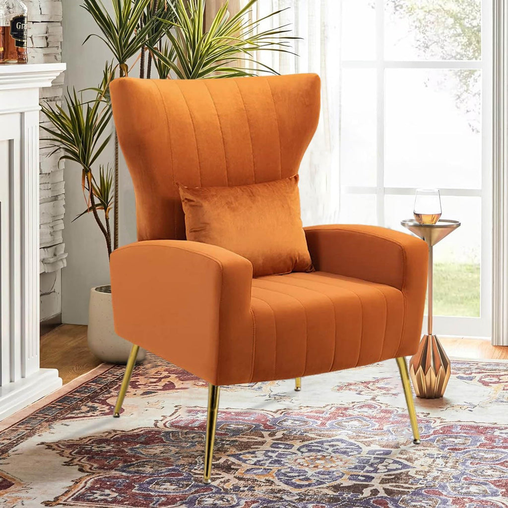 Modern Accent Chairs Set of 2, Wingback Chair with Arm & Gold Legs, Living Room Bedroom Side Chair with Lumbar Pillow, Velvet Upholstered, Channel Tufted, Orange