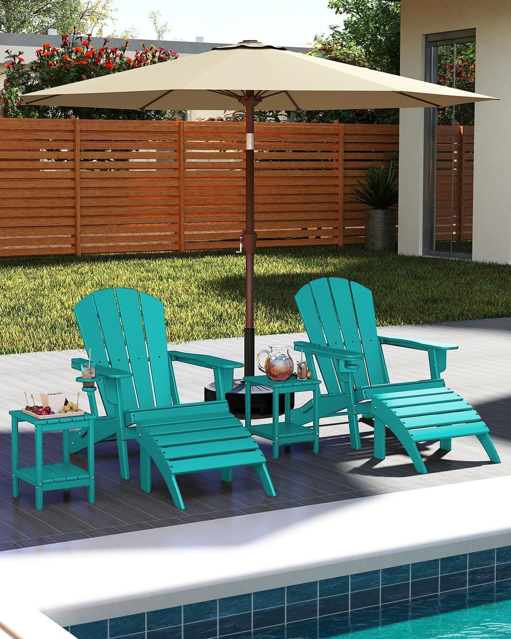 GREENVINES Folding Adirondack Chair w/Cup Holder, HDPE, Aqua