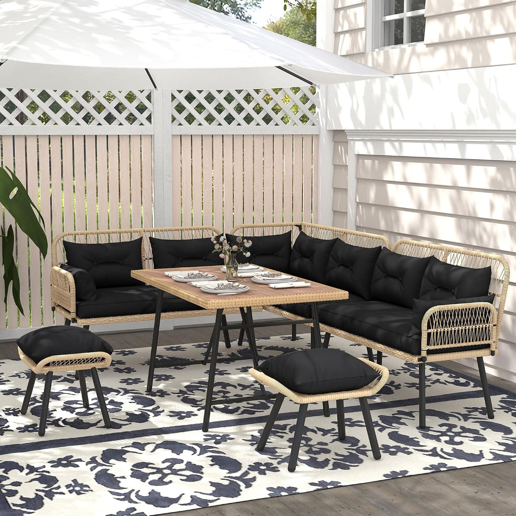 YITAHOME L-Shaped Rattan Patio Furniture Set Light Brown & Black