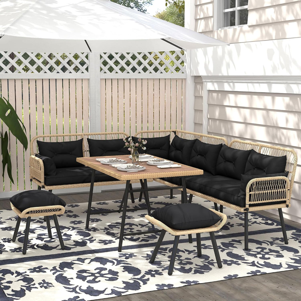 YITAHOME L-Shaped Rattan Patio Furniture Set Light Brown & Black