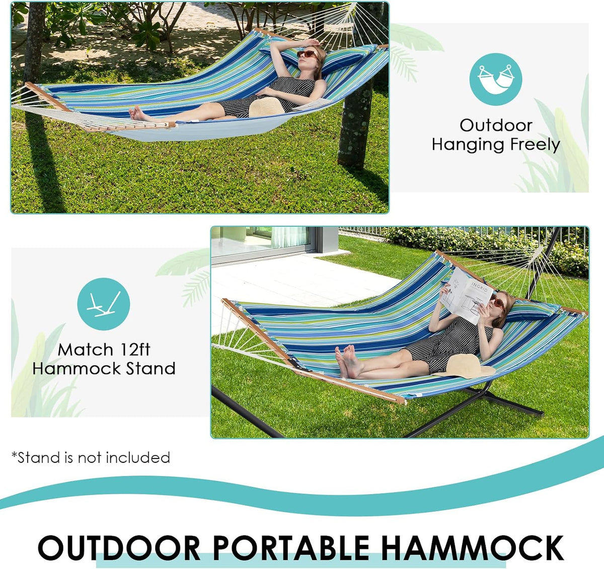 Tangkula 10.5FT Heavy Duty Double Hammock w/Detachable Pillow (Blue+Green)