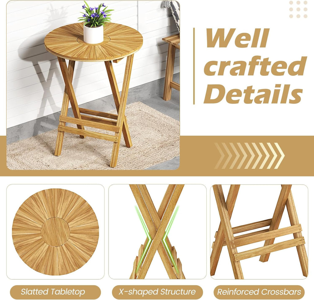 Tangkula Patio Folding Side Table, 23.5" Teak Wood Round End Table with Slatted Tabletop & X-Shaped Frame, Portable & Compact Bistro Table for Backyard, Poolside, Garden, Fully Assembled, Natural
