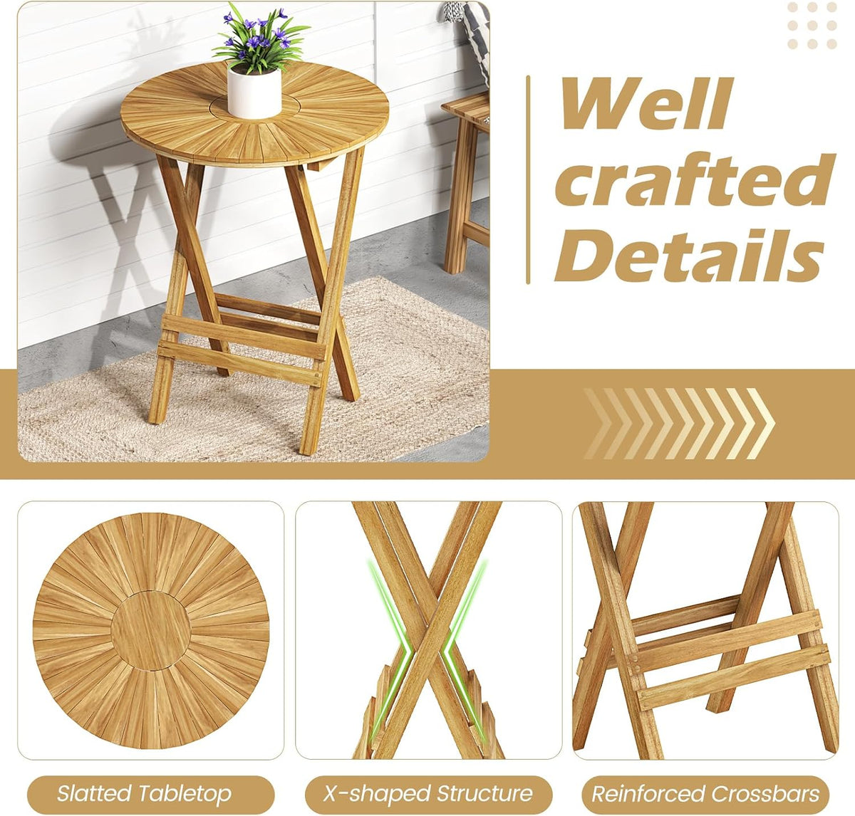 Tangkula Patio Folding Side Table, 23.5" Teak Wood Round End Table with Slatted Tabletop & X-Shaped Frame, Portable & Compact Bistro Table for Backyard, Poolside, Garden, Fully Assembled, Natural