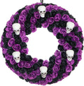 18 Inch Black & Purple Silk Rose Halloween Wreath, 6 Plastic Skulls