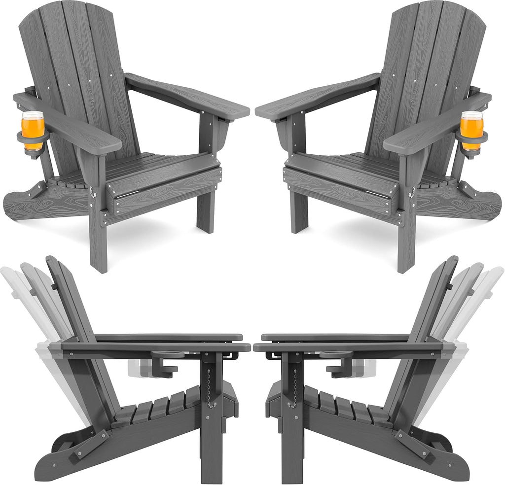 SERWALL Folding Adjustable Adirondack Chairs Set of 4, Cup Holders, Gray
