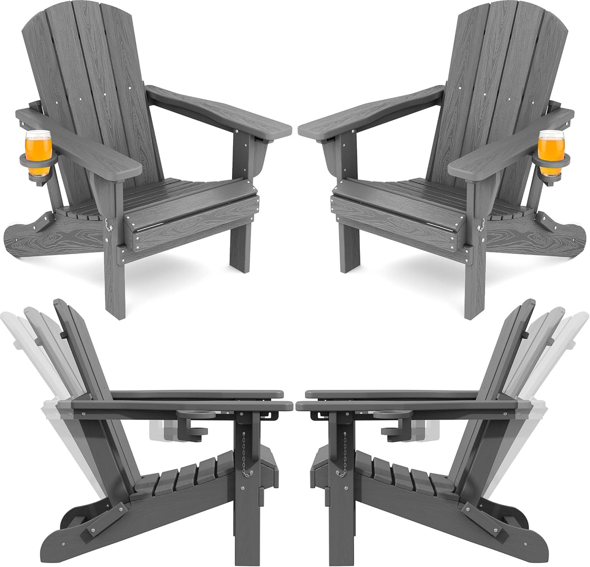 SERWALL Folding Adjustable Adirondack Chairs Set of 4, Cup Holders, Gray