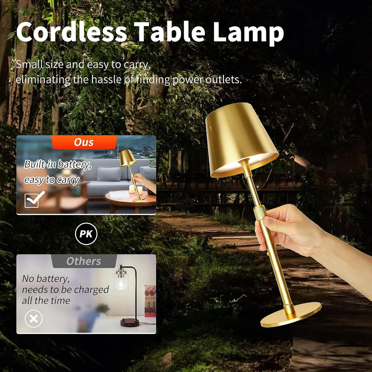mr.white outdoor waterproof rechargeable cordless table lamp with showing dimensions
