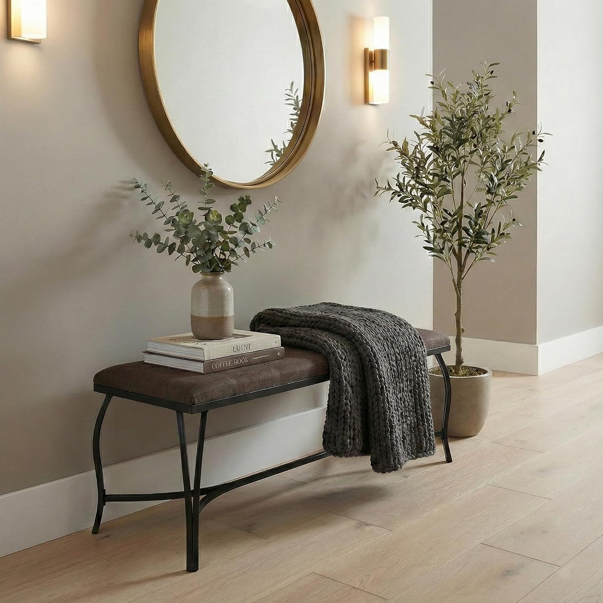 Mango Steam Vienna Mocha Brown - Entryway Bench - Powder Coated, Upholstered, Space Saving