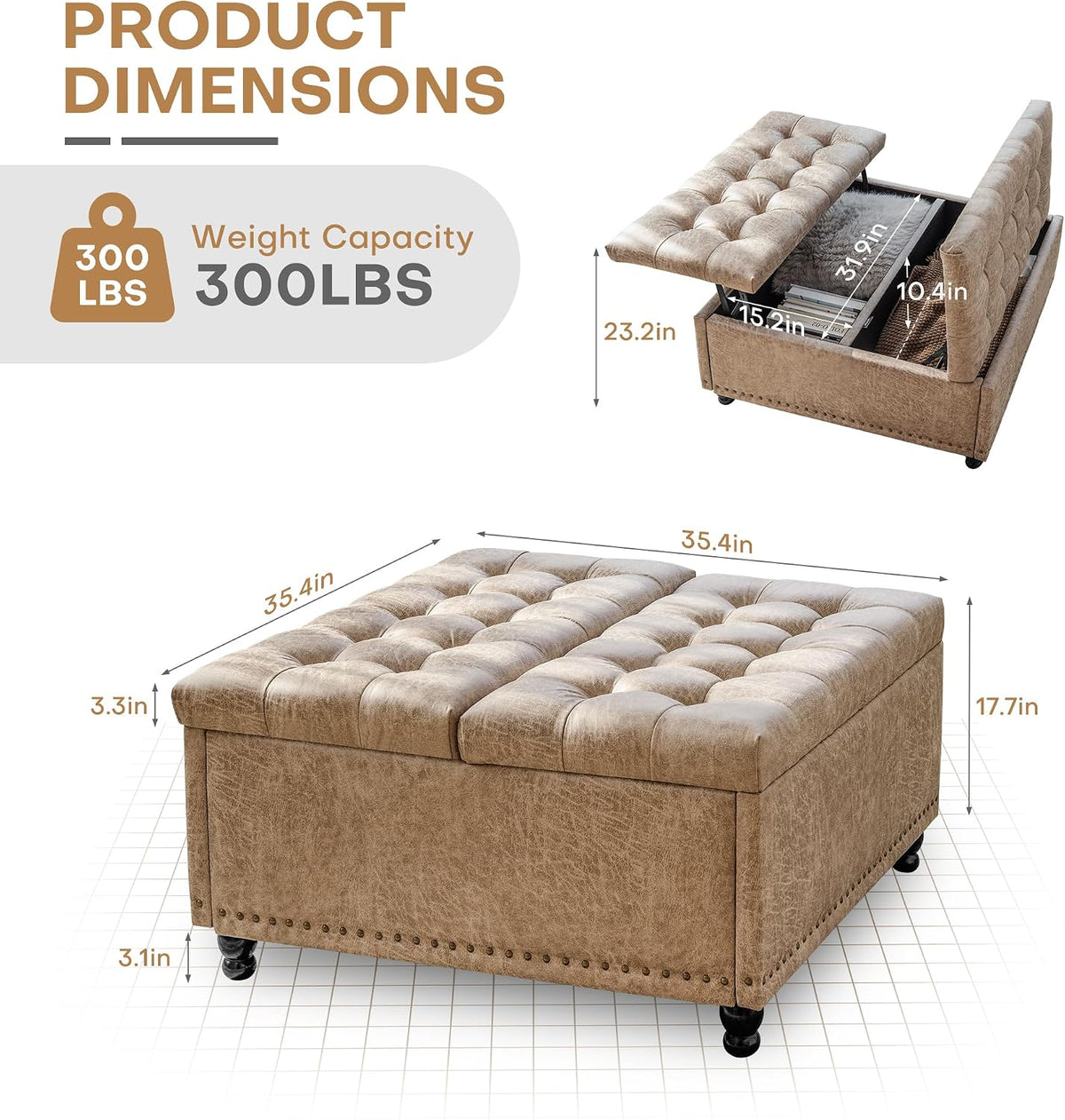 Redlife 35 Inch Large Square Storage Ottoman, Coffee Table Ottoman, Faux