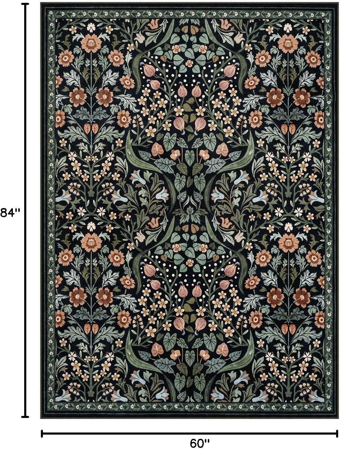 Moynesa Floral 5x7 Living Room Area Rug, Soft Washable Rugs for Bedroom, Non Slip Ultra Thin Boho Rug Botanical Stain Resistant Floor Carpet for Dining Room Home Office, Black