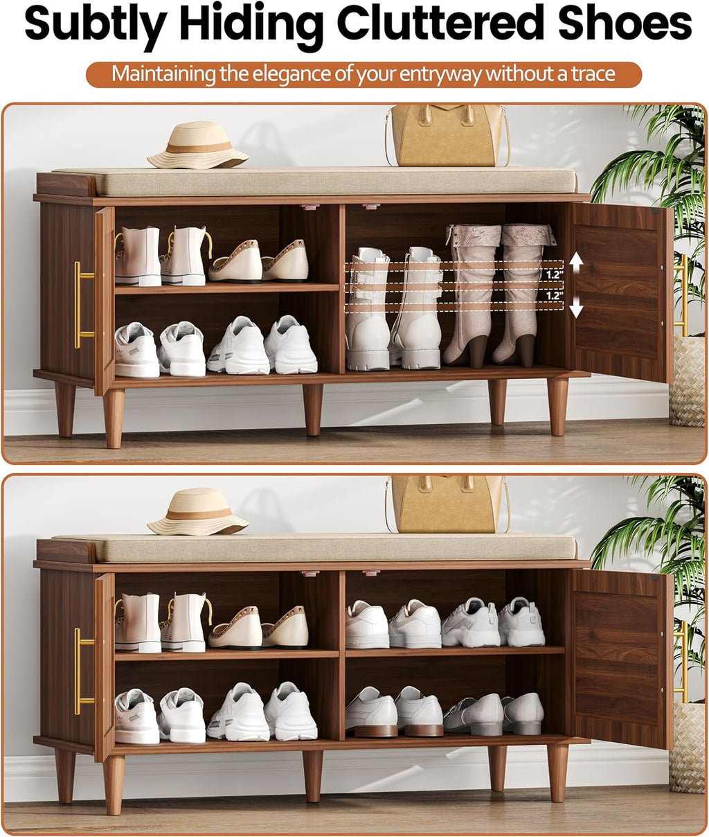 Akxomel 39.4" Rattan Shoe Storage Bench 2 Doors Entryway Bench Walnut