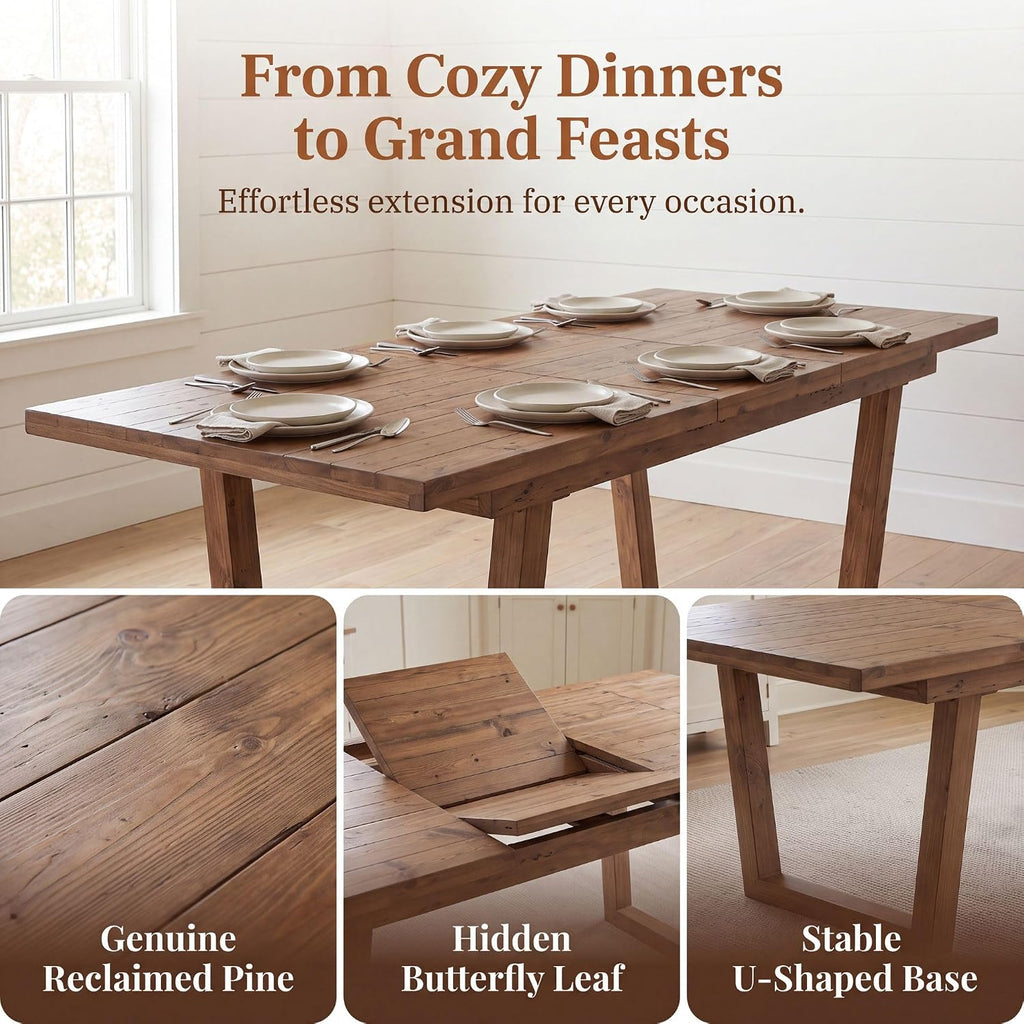 55-70.5" Extendable Dining Table Pine Expandable Dining Room Table for 4 6 8 People Large Rectangle Table Space Saving for Dining Room Living Room Home Office，Walnut