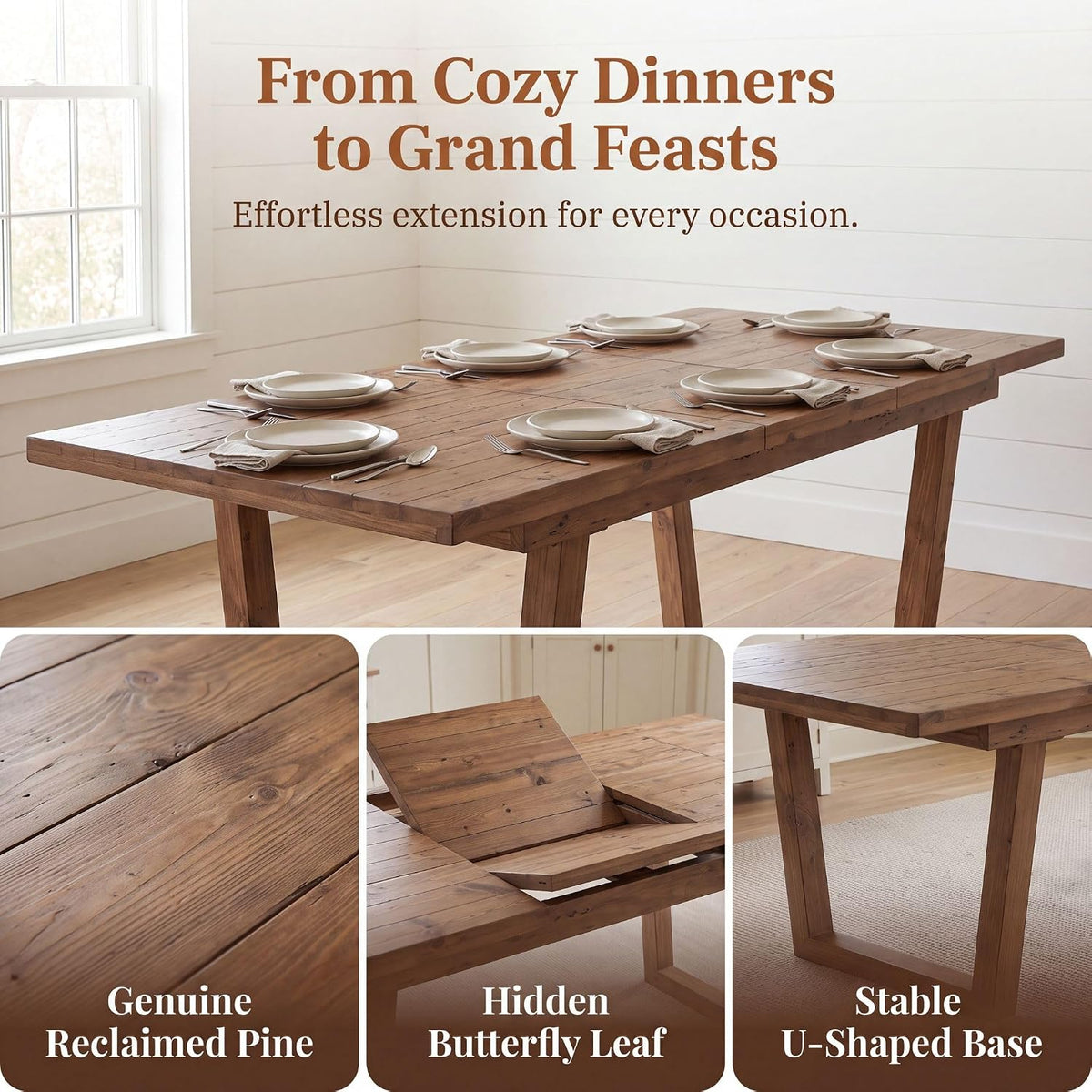 55-70.5" Extendable Dining Table Pine Expandable Dining Room Table for 4 6 8 People Large Rectangle Table Space Saving for Dining Room Living Room Home Office，Walnut
