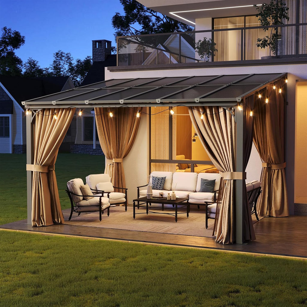 Aoxun 12'x10' Lean to Gazebo, Pergola with Mosquito Net and Curtains, Brown