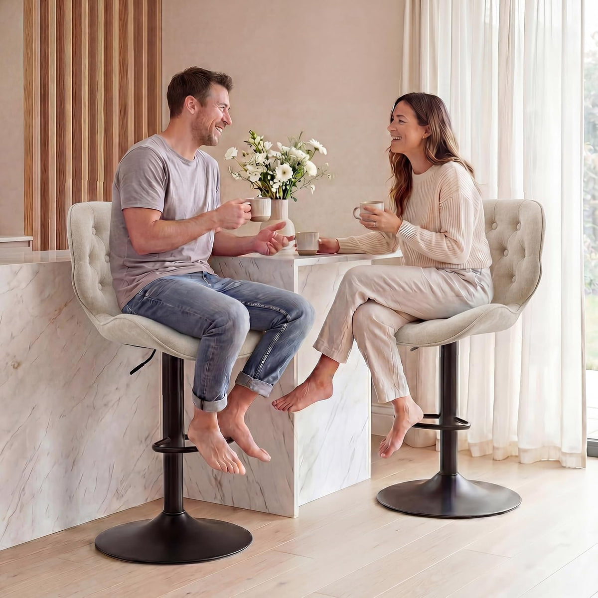 GRUSIGN Bar Stools Set of 2, Modern Swivel Adjustable Bar Chairs, Chenille Fabric Upholstered Counter Height Bar Stools with Backrest, Comfort Barstools for Kitchen Island, Home Bar, Khaki