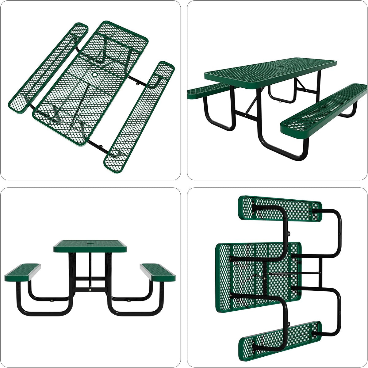 Picnic Tables for Outdoors,Commercial Metal Picnic Table Bench Set with Umbrella Hole,School Canteen Tables W/Seats - Heavy Duty Sturdy Picnic Tables Furniture for Patio Garden (Green, 6FT)
