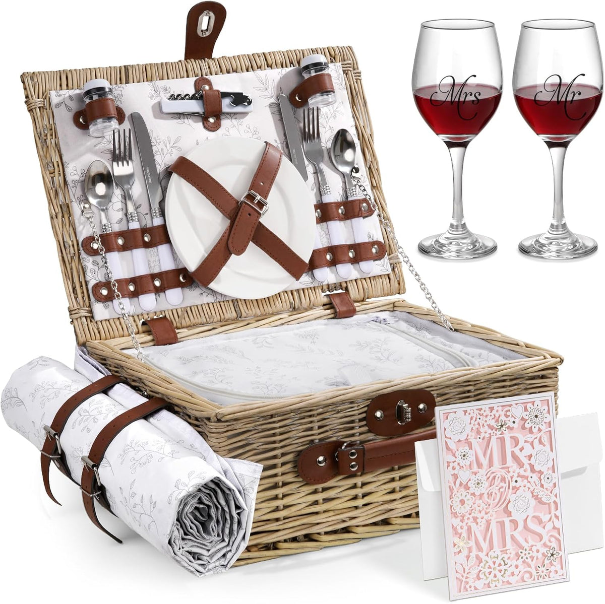 Picnic Basket for 2 Bridal Shower Wedding Gifts with Mr Mrs Wine Glasses