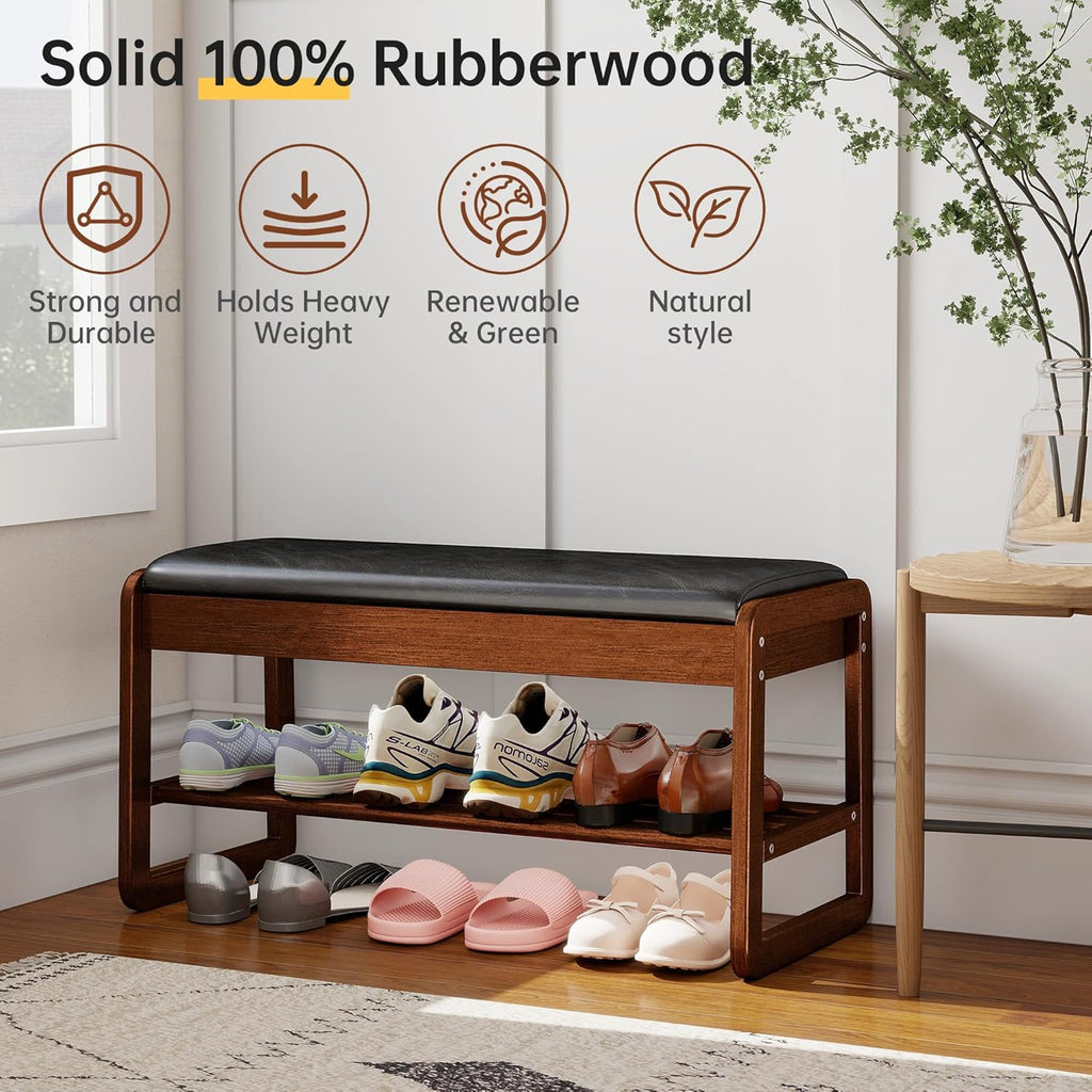 Shoe Rack Bench with Flip-Top Storage, Solid Rubberwood 2-Tier Shoe Organizer with Cushion, Wooden Shoe Stand for Entryway, Mudroom, Hallway, Closet, Front Door Entrance, Foyer