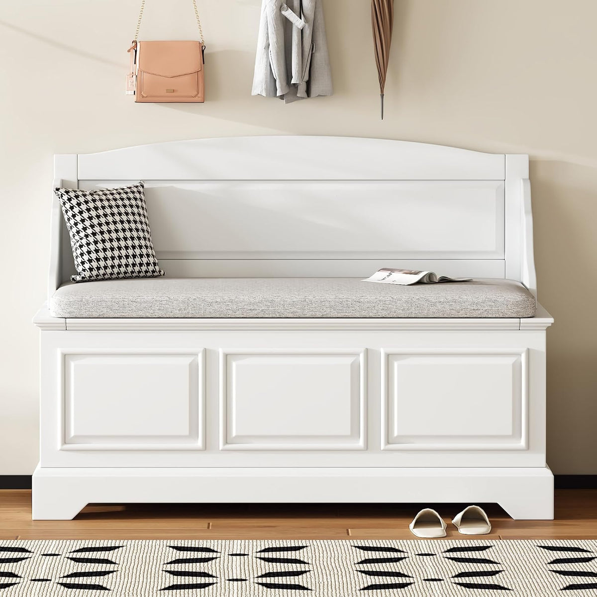 LUMISOL Shoe Storage Bench with Seating, 41.7” Farmhouse Entryway Bench with Cushion and Hidden Storage, Upholstered Storage Ottoman for Living Room, Entryway, Bedroom, White