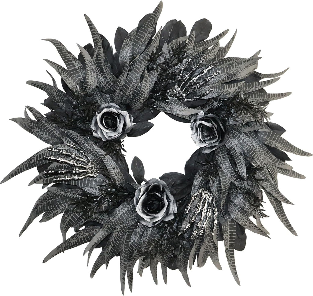 24 Inch Black and Silver Rose Halloween Wreath with 3 Skeleton Hands