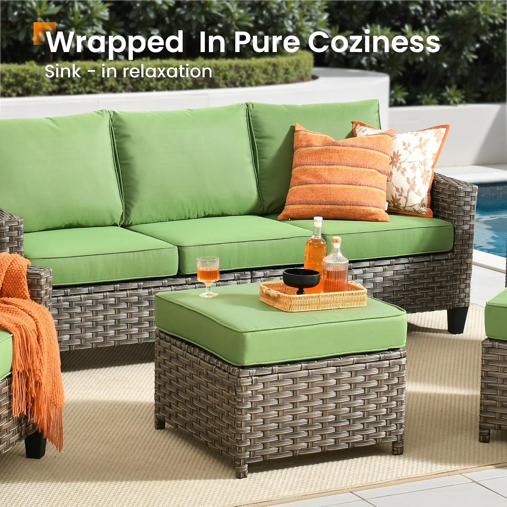 CAODOC 5 Pcs Patio Conversation Set for 7 Seats, Rattan Wicker Outdoor Patio Furniture Set, 2 x Single Chair, 2 x Ottoman, 3-Seat Sofa for Lawn Garden Backyard(Green)