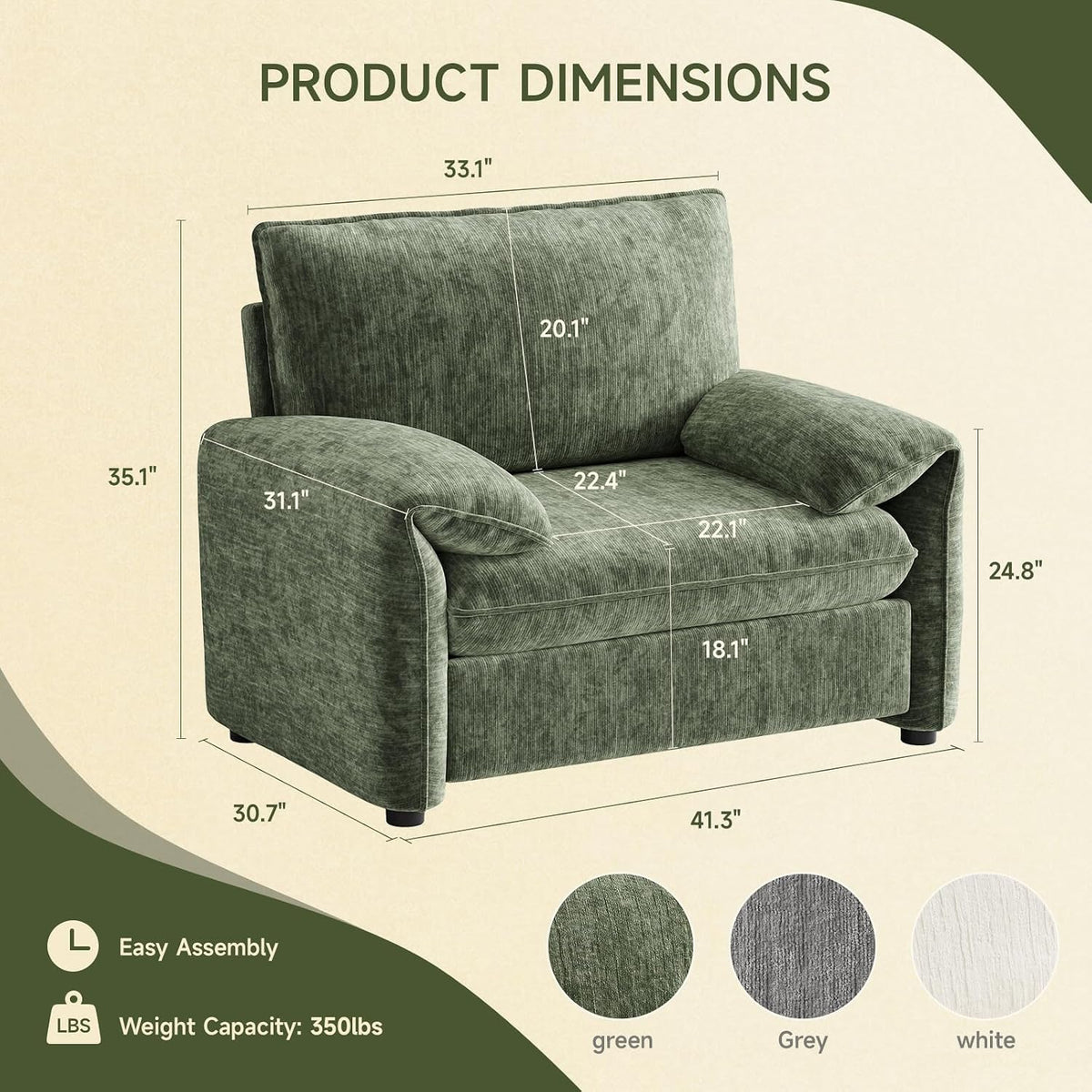 ONBRILL Oversized Accent Chair, 41 Inch Chenille Fabric Armchair, Green
