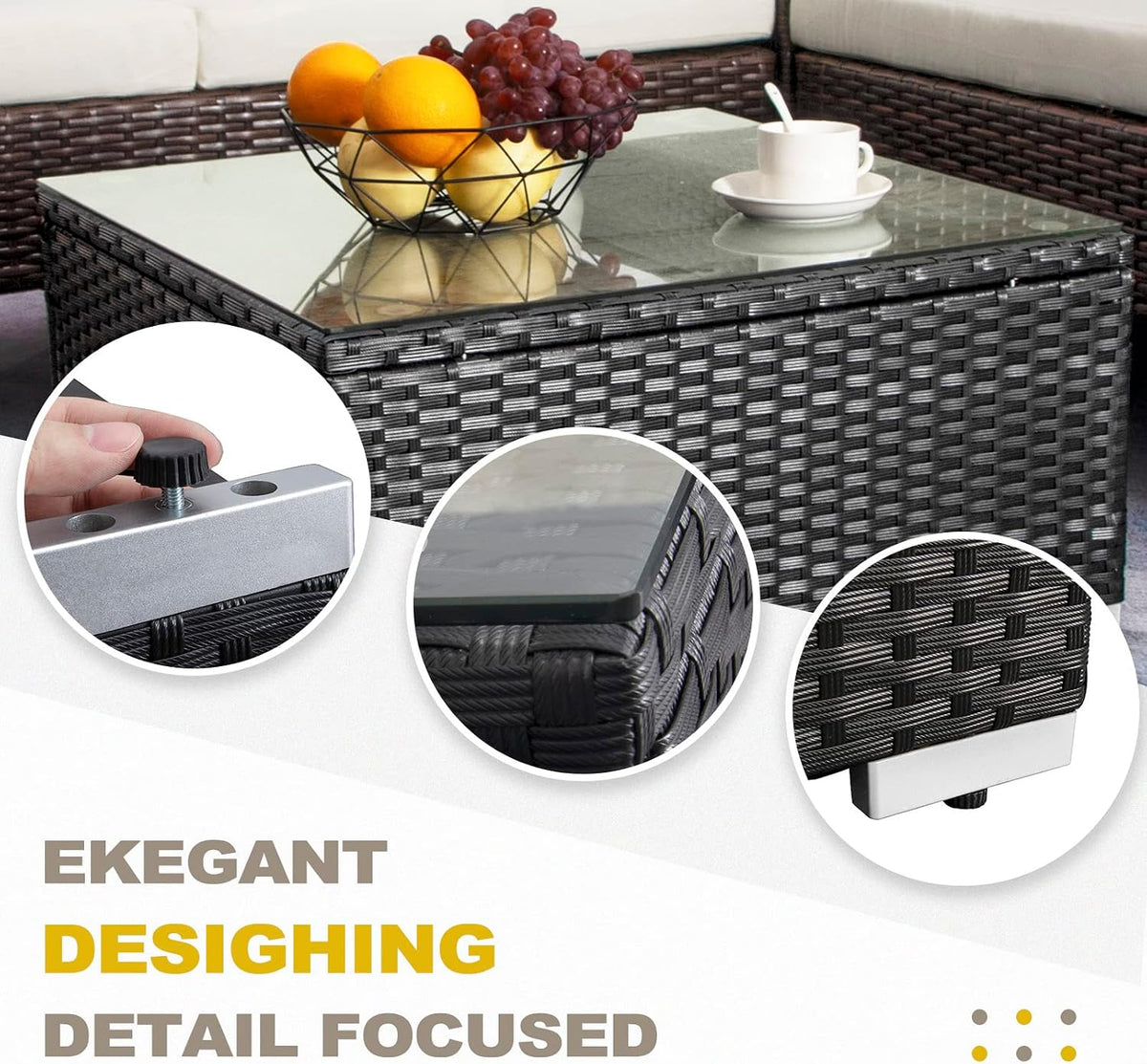 DIMAR GARDEN Outdoor Coffee Table Wicker Patio Side Table with Glass Top,25.2in Black