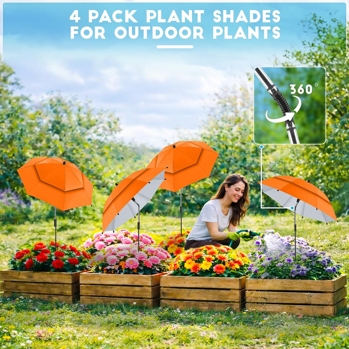 4 Pack 24.9" Double Canopy 47.2" Height Plant Umbrellas for Outdoor Plants, 3D Stakes 360° Adjustable Plant Shades for Outdoor Plants, Garden