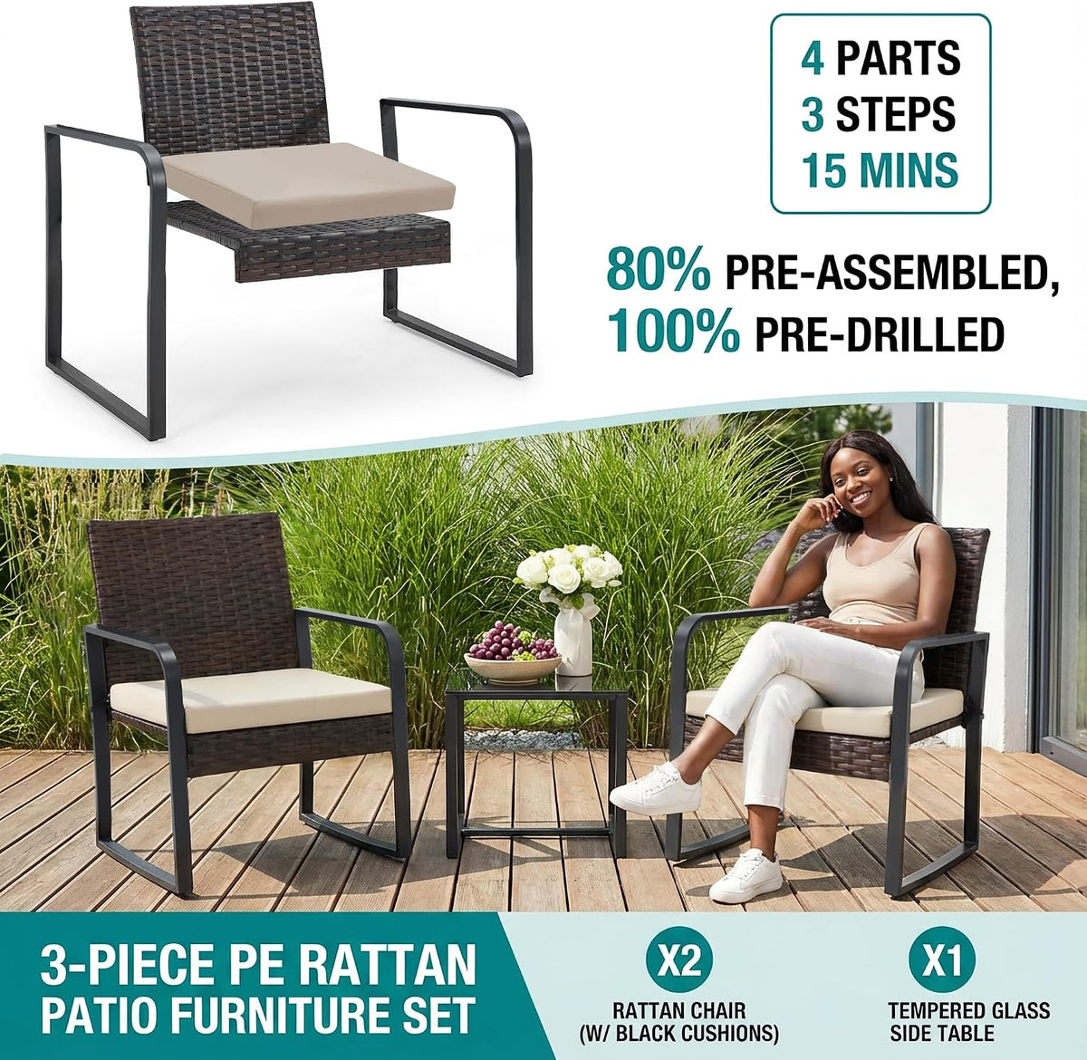 Bezseller 3-Piece Patio Furniture Set, Wicker Bistro Set, Brown