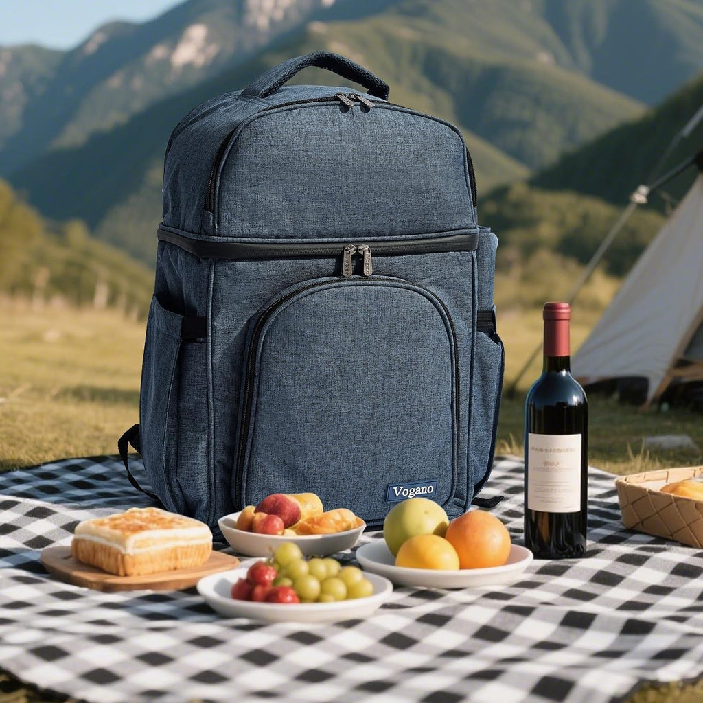 Vogano Picnic Backpack & Accessories – Insulated Picnic Set for 2 Person with Dual Compartments, Lightweight Blanket, Cutlery Set, for Newlyweds and Couples Gifts Blue