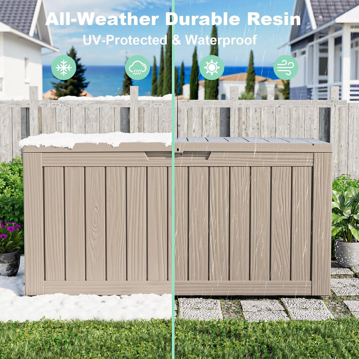 PatioZen 75 Gallon Outdoor Deck Box,Waterproof Resin Outdoor Storage Boxes, Outside Storage Lockable Container for Garden Tools,Indooor Cushions,Accessories (Grey)