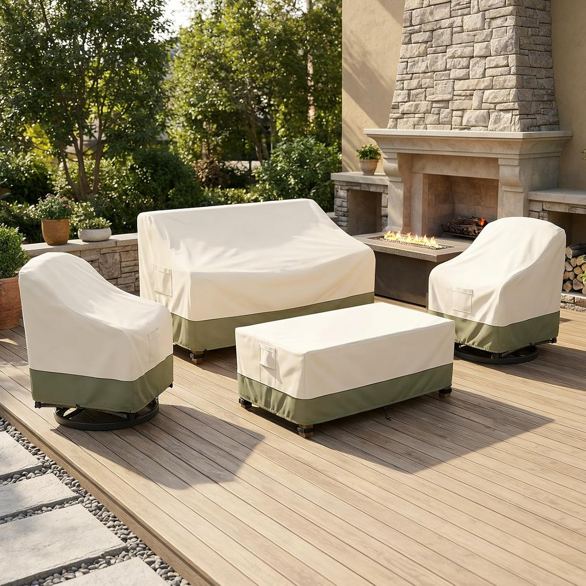 Bitubi Outdoor Waterproof Patio Furniture Covers 4-Piece Set for Swivel Rocker Chairs, Patio Loveseat 58in, Coffee Table 48in, Heavy Duty 600D Tough Canvas, Beige