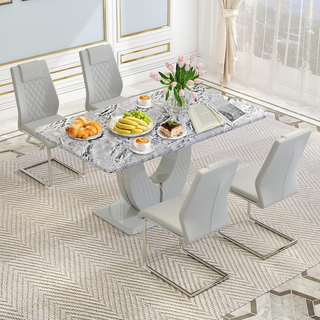 JUFU Dining Table Set for 4, 63" Faux Marble Dining Room Table Set with 4 Light Grey PU Leather Chairs, Modern Kitchen Table and Chairs Set, Rectangular Kitchen Table Set for Apartment, Dining Room (5-Piece)