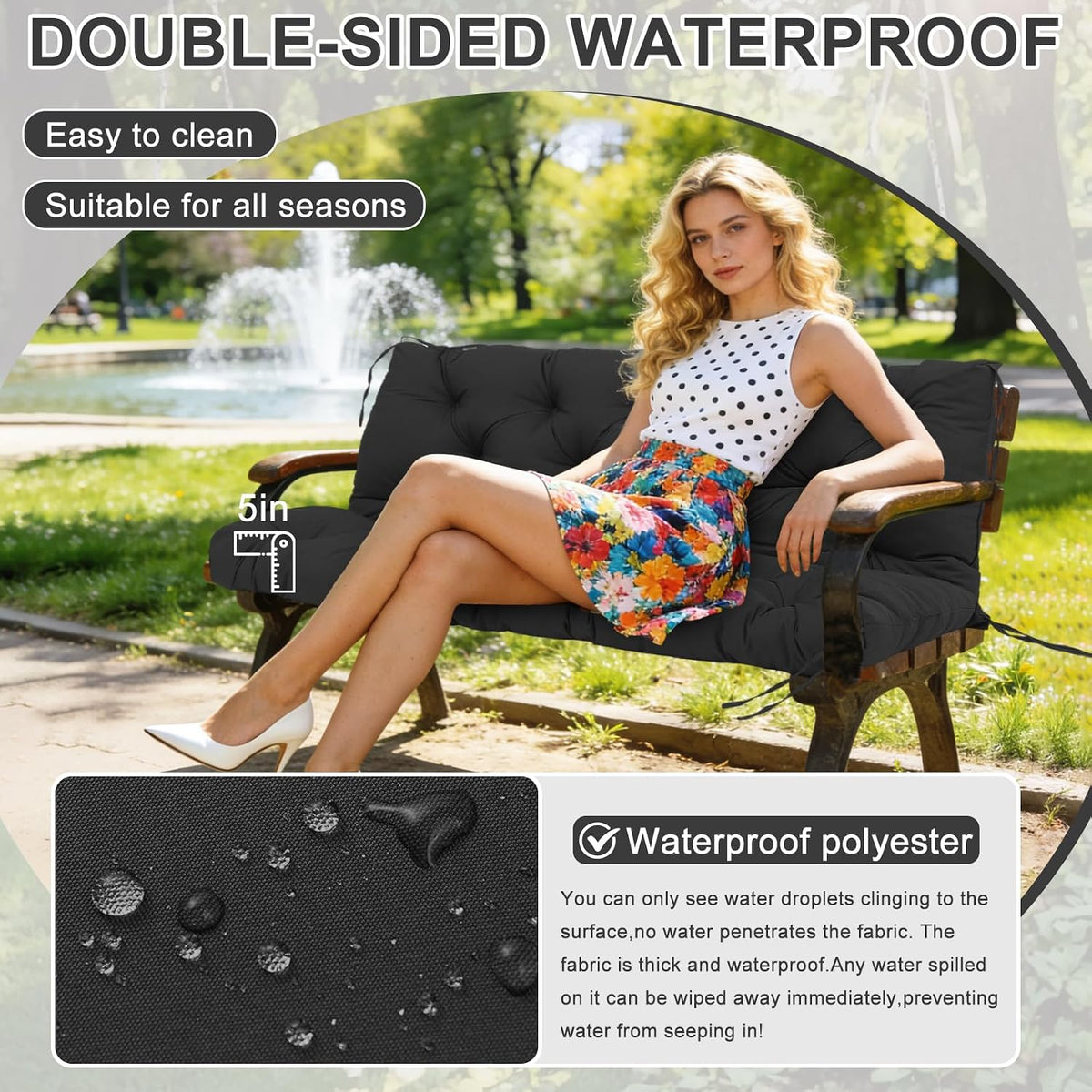 40" Porch Swing Cushions Outdoor, 5" Thick Waterproof 2-3 Seater