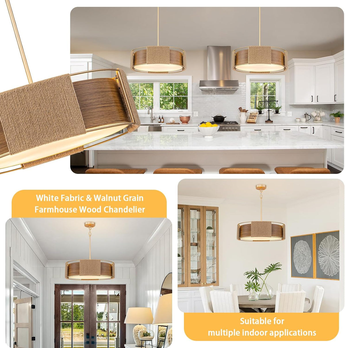 Modern Rattan Chandelier, 4-Light 2-Layer Shade Gold Chandelier Rustic 19.7'' Rattan and Metal Wood Grain Pendant Kitchen Island Lighting Hanging Drum Chandeliers for Dining Room Entryway Living Room
