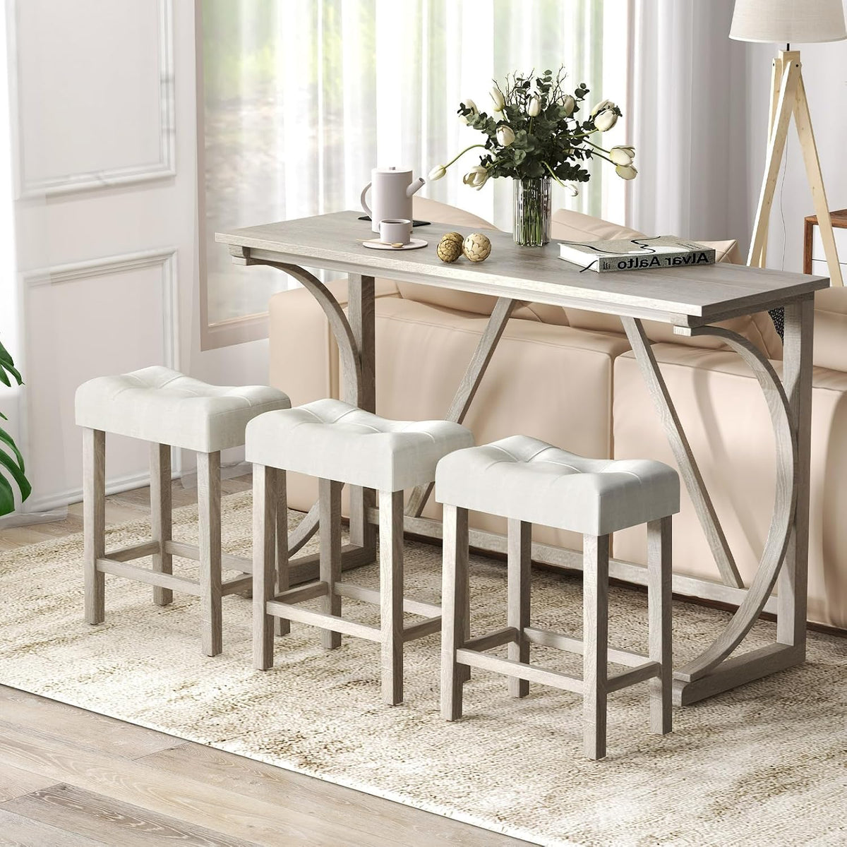GIANTEX Small Dining Table Set - 4-Piece Bar Table and Chairs Set with Power Outlet, Upholstered Saddle Seat Stools, Counter Height Dining Table Set, Breakfast Nook for 3 People, Kitchen Table Set