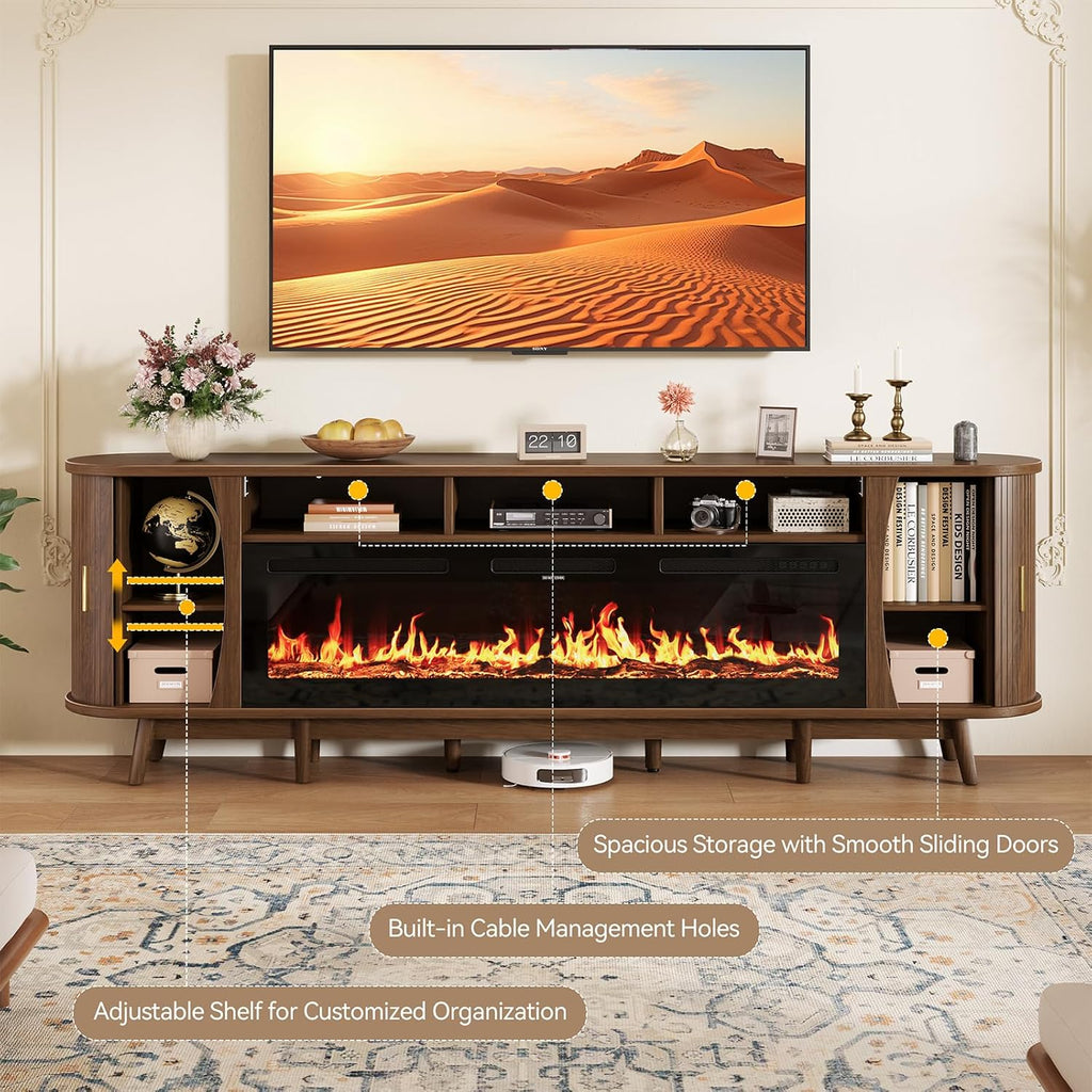 97" Fireplace TV Stand for 100" TV, Mid Century Modern Entertainment Center with 60" Electric Fireplace, Media Console with Sliding Doors & Adjustable Shelves for Living Room, Walnut