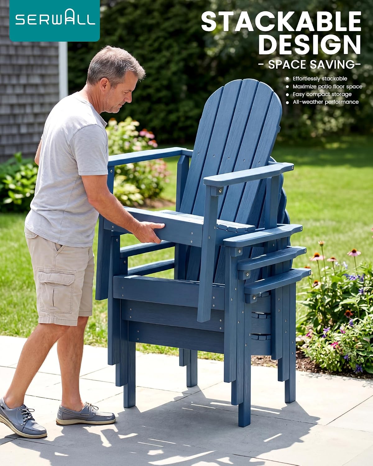 SERWALL HDPE Stackable Adirondack Chairs Set of 2,Space-Saving, Blue