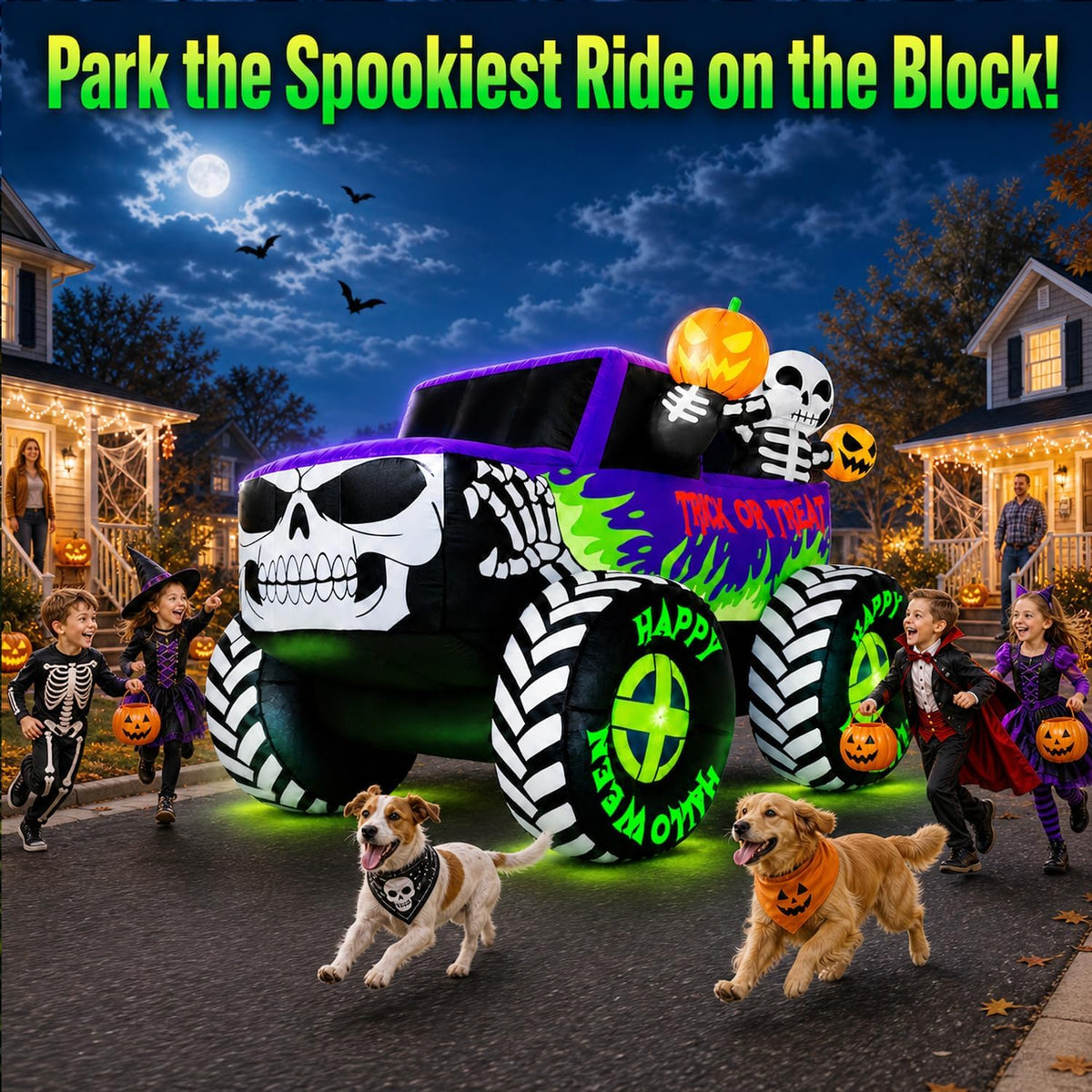 8FT Long Giant Halloween Inflatables Decoration Outdoor Skeleton Monster Truck Built-in Full-Body LEDs Huge Blow up Yard Decorations Large Blowups Strong Blower for Lawn Party Festival
