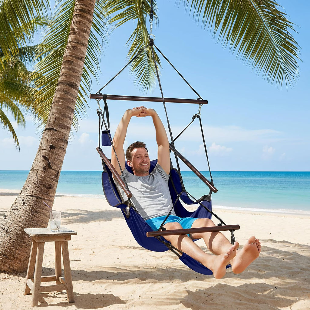 ONCLOUD Sky Chair, Deluxe Hanging Hammock Air Chair Swing Seat with Pillow, Drink Holder, Solid Wood Weather Resistant for Indoor/Outdoor Yard Garden Tree Patio Porch, 250 LBS (Navy Blue)