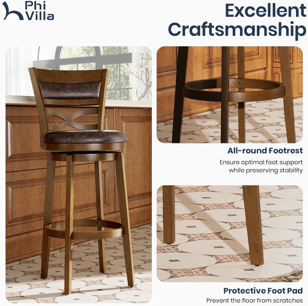PHI VILLA 30 Inch Bar Height Stools Set of 4, Swivel Barstools with Back