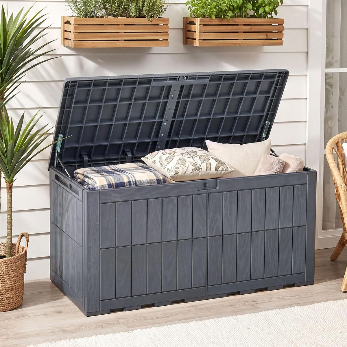 HAPPYGRILL 120 Gal Outdoor Deck Box Plastic Storage Bin with Lid and Handle