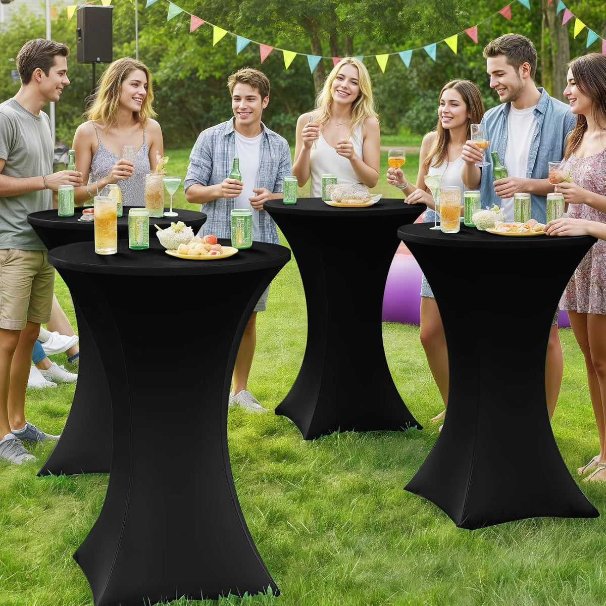Moosfor Spandex Cocktail Table Covers 4 Pack, Elastic Fitted Stretch Table Cloth, Round High Top Tablecloths for Bar, Party, Pub, Wedding & Banquet (Black, 32x43 Inch)