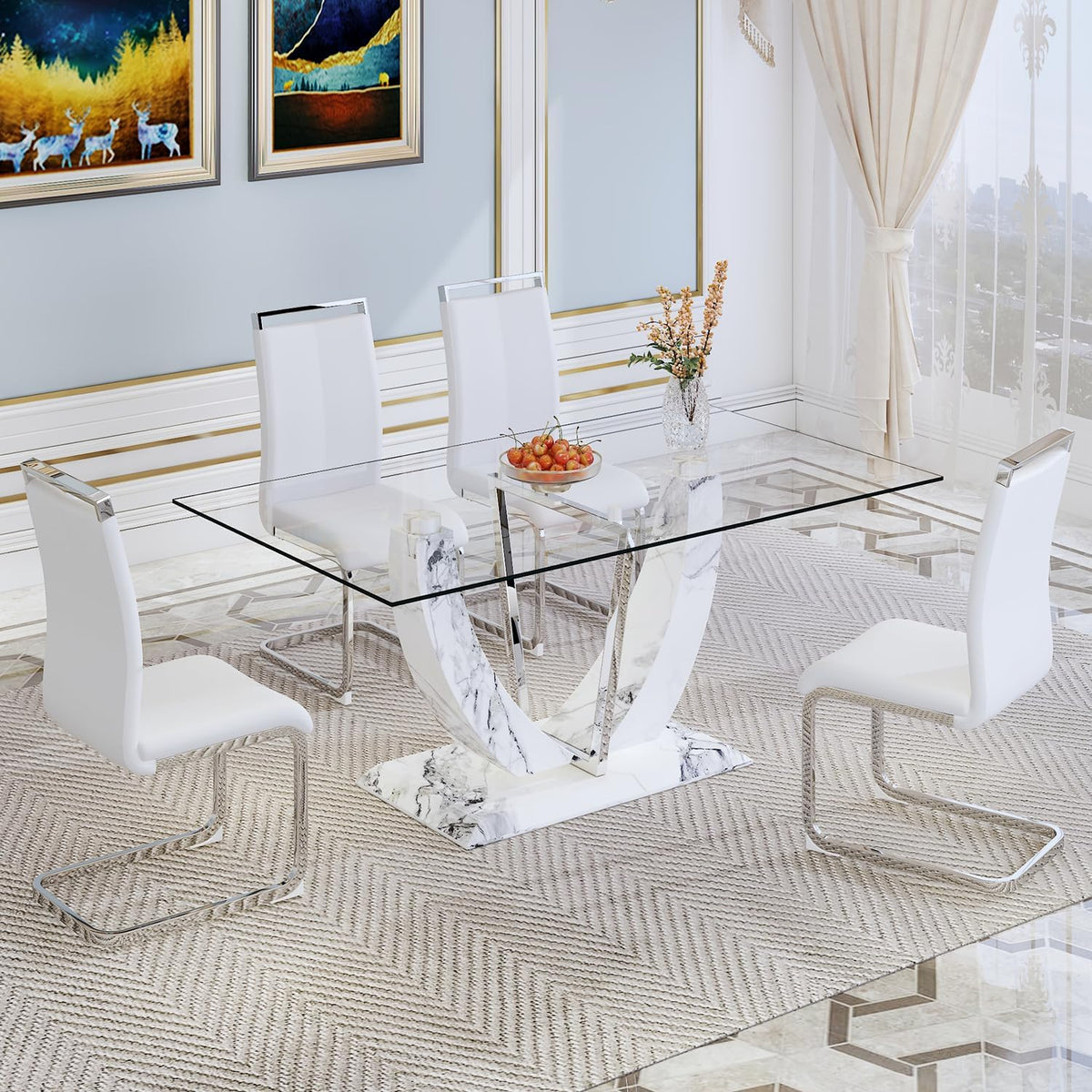 JUFU 7-Piece White Dining Table Set for 6, 63" Rectangular Glass Dining Table with Faux Marble U-Shaped Pedestal Base and 6 White Cantilever Chairs, Modern Kitchen & Dining Room Furniture Set