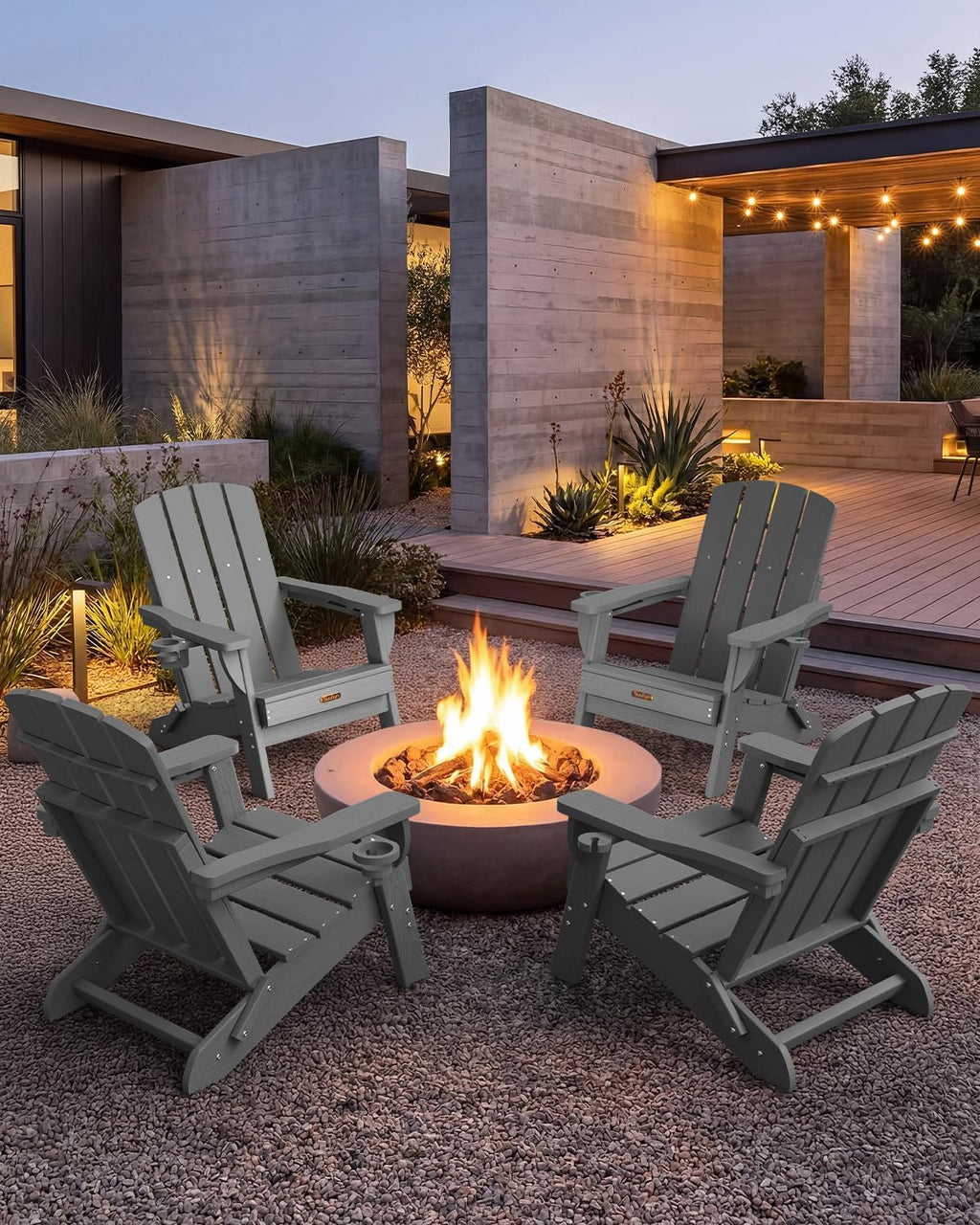 Folding Adirondack Chair Set of 4, HDPE Adirondack Chairs with 2 Cup Holder, Plastic All-Weather Fire Pit Chairs, Outdoor Lawn Chair for Patio Garden (Grey)