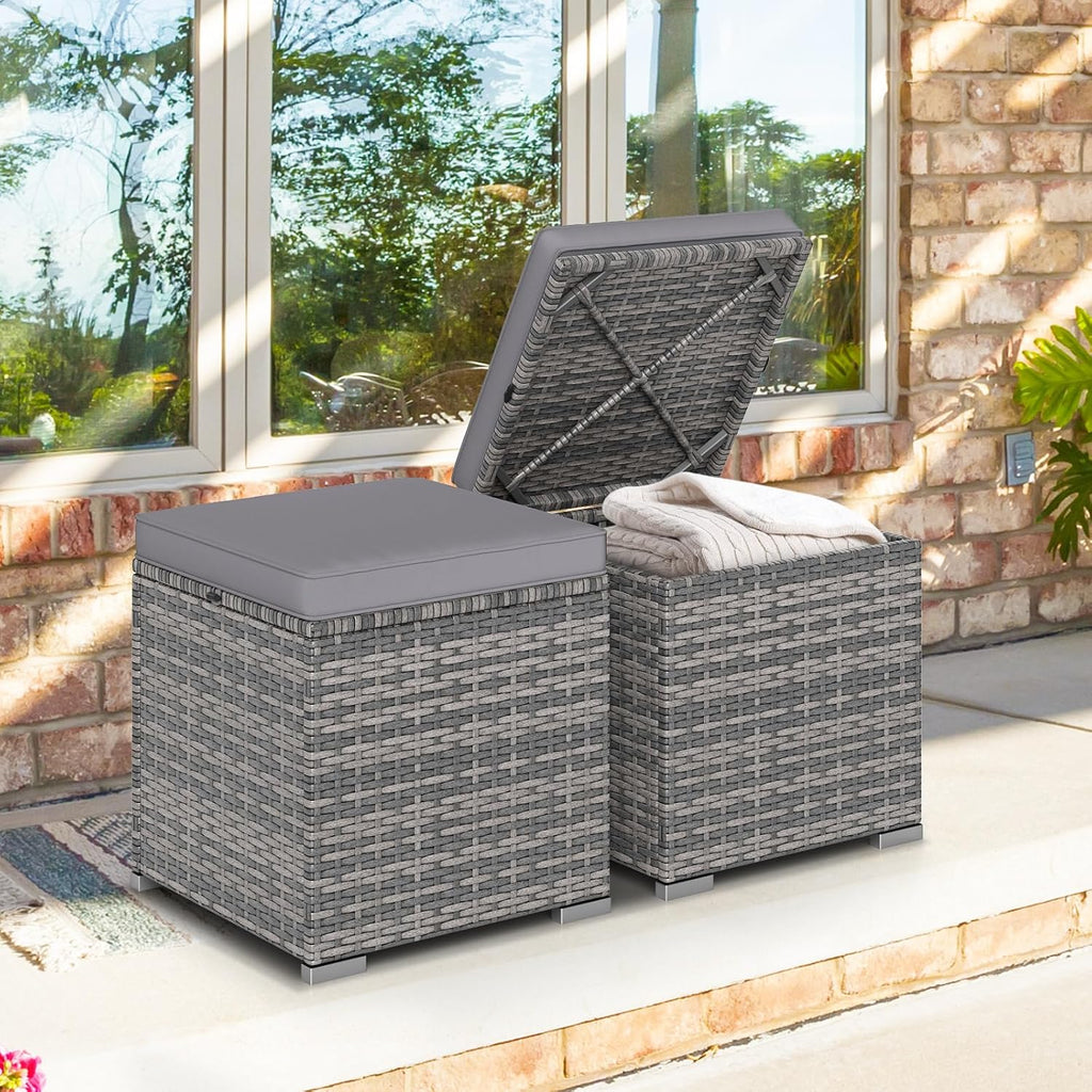 Tangkula 2 Pieces Patio Ottomans, Patiojoy Hand-Woven PE Rattan Side Table with Removable Cushion & Hidden Storage Space, Multifunctional Storage Box, Seat for Patio, Backyard, Poolside (Light Grey)